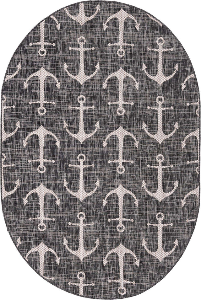 Charcoal 5' 3 x 8' Outdoor Coastal Oval Area Rug Weather Resistant for Patio, Deck, Terrace, Balcony, Porch 100% Polypropylene Coastal Decor Carpet for Sale at Rug Engine
