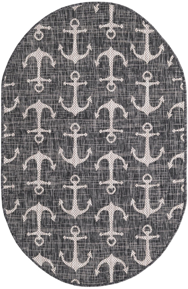 Charcoal 3' 1 x 5' 3 Outdoor Coastal Oval Area Rug Weather Resistant for Patio, Deck, Terrace, Balcony, Porch 100% Polypropylene Coastal Decor Carpet for Sale at Rug Engine