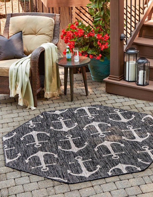Charcoal 7' 10 x 7' 10 Outdoor Coastal Octagon Area Rug Weather Resistant for Patio, Deck, Terrace, Balcony, Porch 100% Polypropylene Coastal Decor Carpet for Sale at Rug Engine