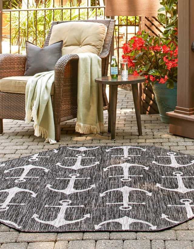 Charcoal 7' 10 x 7' 10 Outdoor Coastal Octagon Area Rug Weather Resistant for Patio, Deck, Terrace, Balcony, Porch 100% Polypropylene Coastal Decor Carpet for Sale at Rug Engine