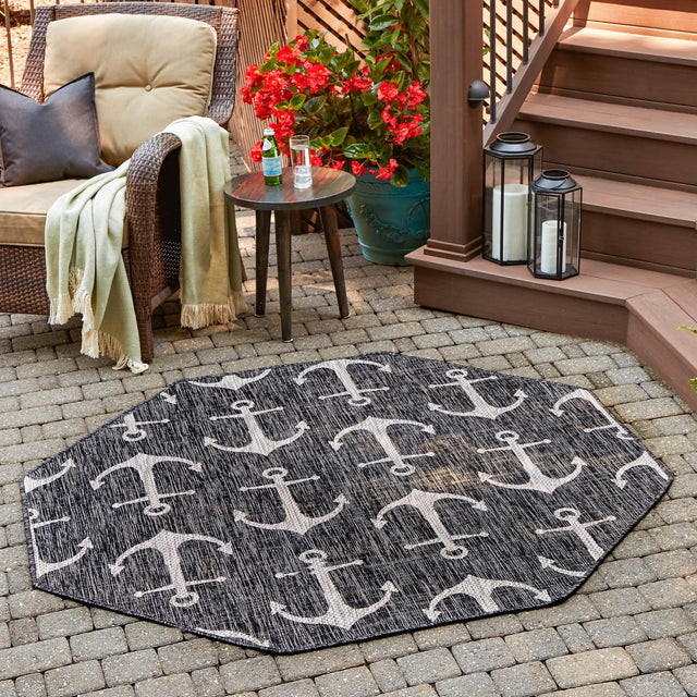 Charcoal 5' 3 x 5' 3 Outdoor Coastal Octagon Area Rug Weather Resistant for Patio, Deck, Terrace, Balcony, Porch 100% Polypropylene Coastal Decor Carpet for Sale at Rug Engine