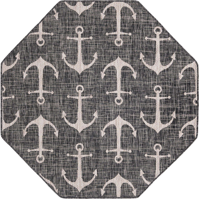 Charcoal 5' 3 x 5' 3 Outdoor Coastal Octagon Area Rug Weather Resistant for Patio, Deck, Terrace, Balcony, Porch 100% Polypropylene Coastal Decor Carpet for Sale at Rug Engine