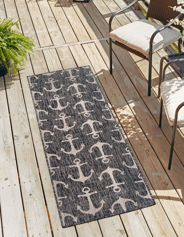 Charcoal 2' x 6' 1 Outdoor Coastal Runner Area Rug Weather Resistant for Patio, Deck, Terrace, Balcony, Porch 100% Polypropylene Coastal Decor Carpet for Sale at Rug Engine
