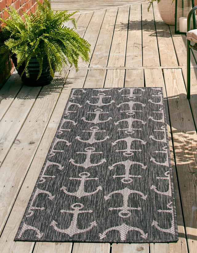 Charcoal 2' x 6' 1 Outdoor Coastal Runner Area Rug Weather Resistant for Patio, Deck, Terrace, Balcony, Porch 100% Polypropylene Coastal Decor Carpet for Sale at Rug Engine