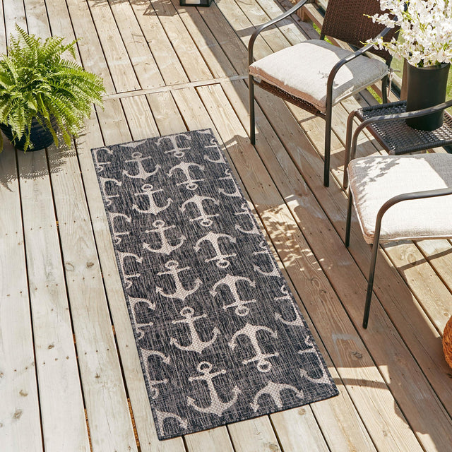 Charcoal 2' x 8' Outdoor Coastal Runner Area Rug Weather Resistant for Patio, Deck, Terrace, Balcony, Porch 100% Polypropylene Coastal Decor Carpet for Sale at Rug Engine