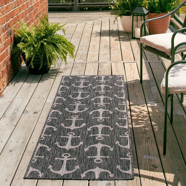 Charcoal 2' x 8' Outdoor Coastal Runner Area Rug Weather Resistant for Patio, Deck, Terrace, Balcony, Porch 100% Polypropylene Coastal Decor Carpet for Sale at Rug Engine