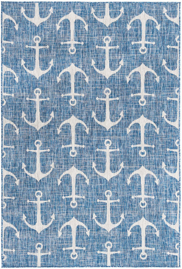 Blue 5' 3 x 8' Outdoor Coastal Rectangle Area Rug Weather Resistant for Patio, Deck, Terrace, Balcony, Porch 100% Polypropylene Coastal Decor Carpet for Sale at Rug Engine