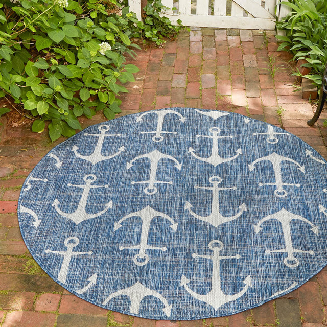 Blue 7' 10 x 7' 10 Outdoor Coastal Round Area Rug Weather Resistant for Patio, Deck, Terrace, Balcony, Porch 100% Polypropylene Coastal Decor Carpet for Sale at Rug Engine