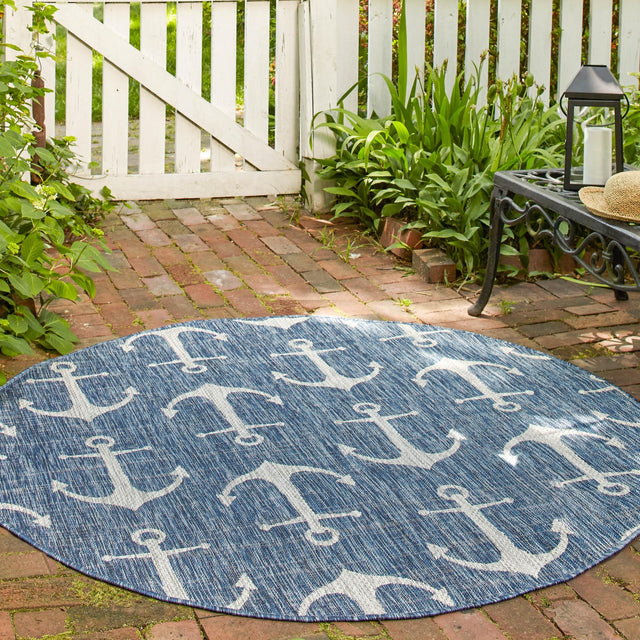 Blue 6' 1 x 6' 1 Outdoor Coastal Round Area Rug Weather Resistant for Patio, Deck, Terrace, Balcony, Porch 100% Polypropylene Coastal Decor Carpet for Sale at Rug Engine