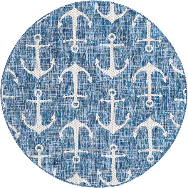 Blue 5' 3 x 5' 3 Outdoor Coastal Round Area Rug Weather Resistant for Patio, Deck, Terrace, Balcony, Porch 100% Polypropylene Coastal Decor Carpet for Sale at Rug Engine