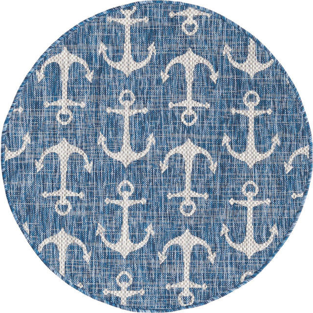 Blue 3' 1 x 3' 1 Outdoor Coastal Round Area Rug Weather Resistant for Patio, Deck, Terrace, Balcony, Porch 100% Polypropylene Coastal Decor Carpet for Sale at Rug Engine