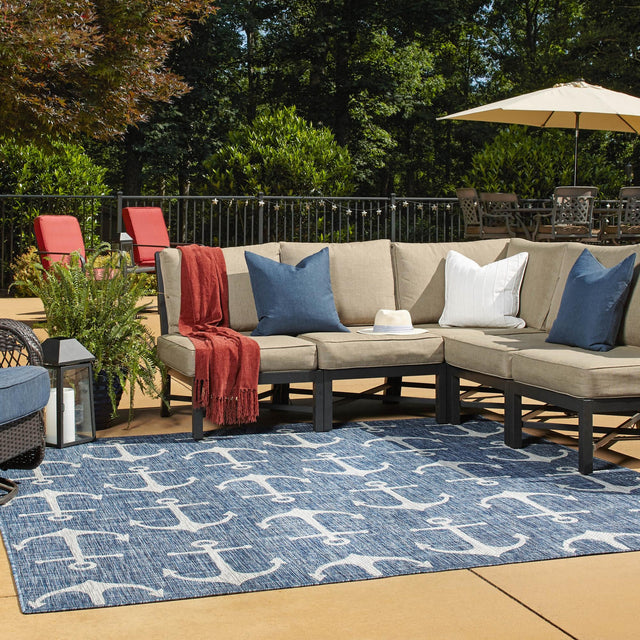 Blue 6' 1 x 6' 1 Outdoor Coastal Square Area Rug Weather Resistant for Patio, Deck, Terrace, Balcony, Porch 100% Polypropylene Coastal Decor Carpet for Sale at Rug Engine