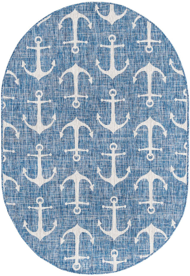 Blue 5' 3 x 8' Outdoor Coastal Oval Area Rug Weather Resistant for Patio, Deck, Terrace, Balcony, Porch 100% Polypropylene Coastal Decor Carpet for Sale at Rug Engine
