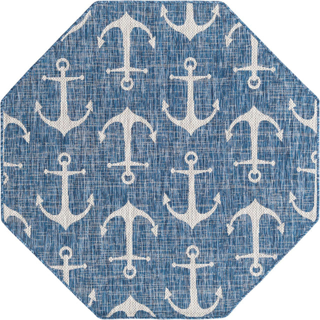 Blue 5' 3 x 5' 3 Outdoor Coastal Octagon Area Rug Weather Resistant for Patio, Deck, Terrace, Balcony, Porch 100% Polypropylene Coastal Decor Carpet for Sale at Rug Engine