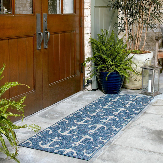 Blue 2' x 6' 1 Outdoor Coastal Runner Area Rug Weather Resistant for Patio, Deck, Terrace, Balcony, Porch 100% Polypropylene Coastal Decor Carpet for Sale at Rug Engine