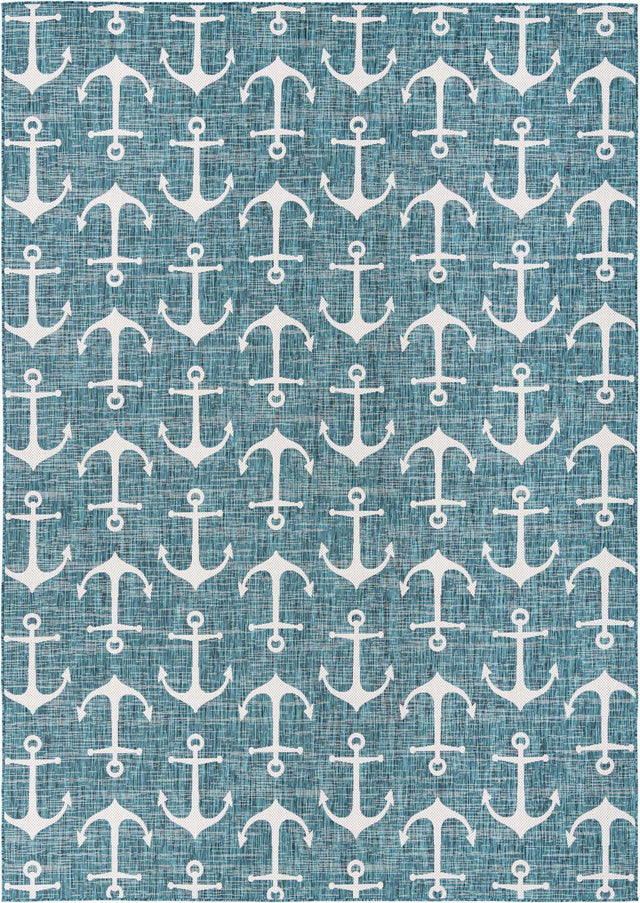 Teal 10' x 14' 1 Outdoor Coastal Rectangle Area Rug Weather Resistant for Patio, Deck, Terrace, Balcony, Porch 100% Polypropylene Coastal Decor Carpet for Sale at Rug Engine