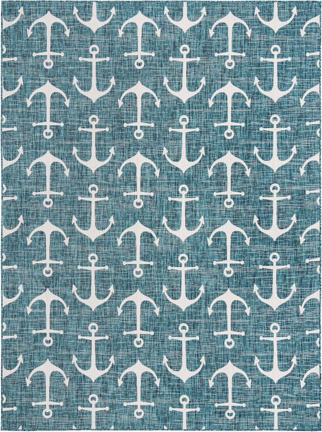 Teal 9' x 12' Outdoor Coastal Rectangle Area Rug Weather Resistant for Patio, Deck, Terrace, Balcony, Porch 100% Polypropylene Coastal Decor Carpet for Sale at Rug Engine