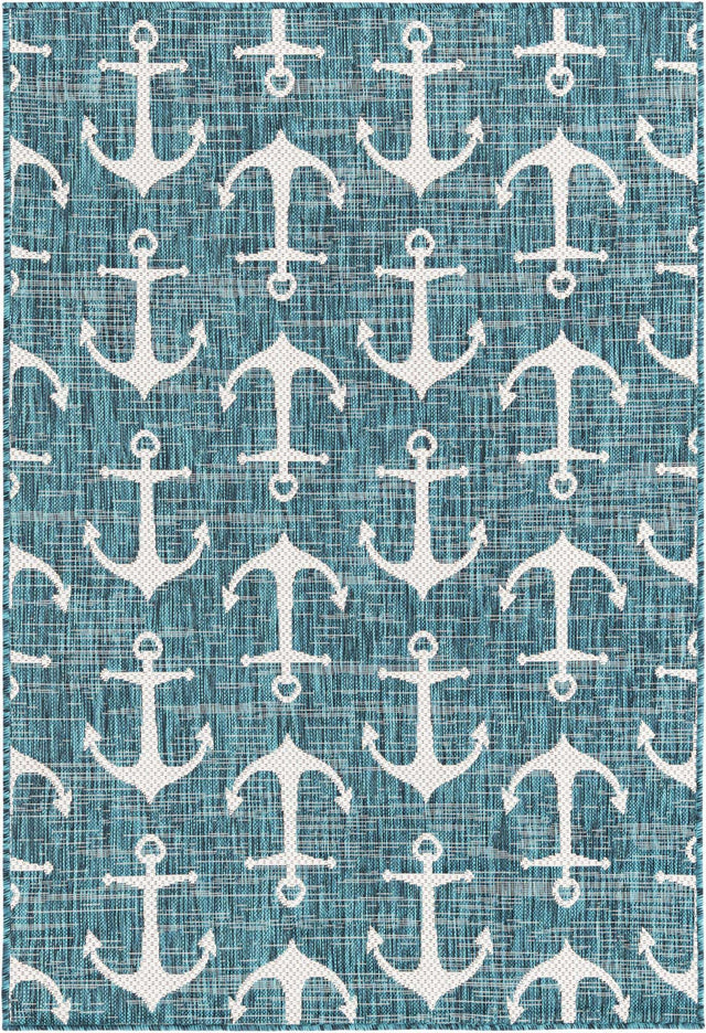 Teal 4' 1 x 6' 1 Outdoor Coastal Rectangle Area Rug Weather Resistant for Patio, Deck, Terrace, Balcony, Porch 100% Polypropylene Coastal Decor Carpet for Sale at Rug Engine