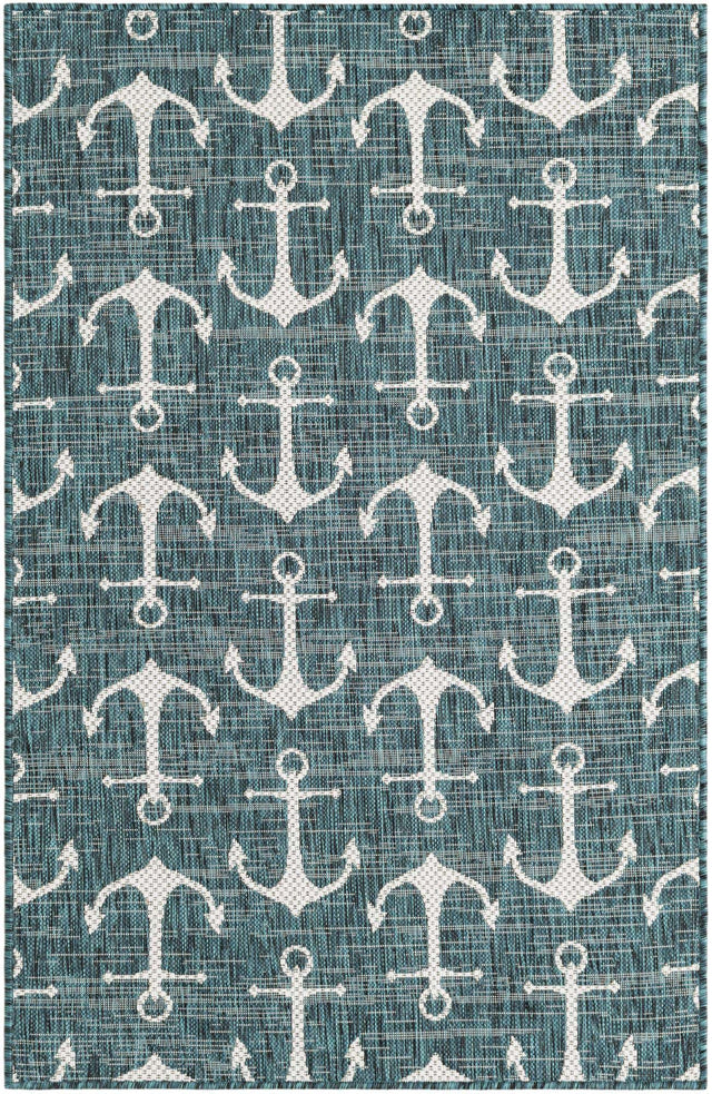 Teal 3' 1 x 5' 3 Outdoor Coastal Rectangle Area Rug Weather Resistant for Patio, Deck, Terrace, Balcony, Porch 100% Polypropylene Coastal Decor Carpet for Sale at Rug Engine