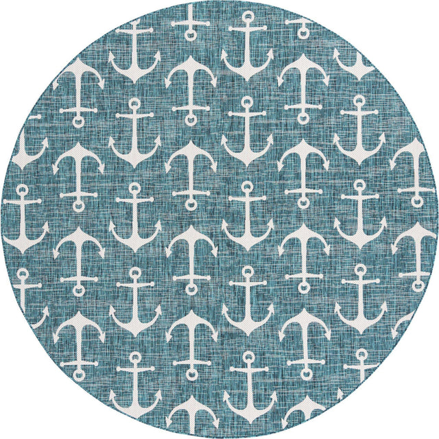 Teal 10' x 10' Outdoor Coastal Round Area Rug Weather Resistant for Patio, Deck, Terrace, Balcony, Porch 100% Polypropylene Coastal Decor Carpet for Sale at Rug Engine