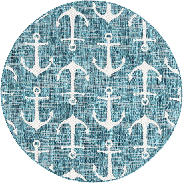 Teal 5' 3 x 5' 3 Outdoor Coastal Round Area Rug Weather Resistant for Patio, Deck, Terrace, Balcony, Porch 100% Polypropylene Coastal Decor Carpet for Sale at Rug Engine