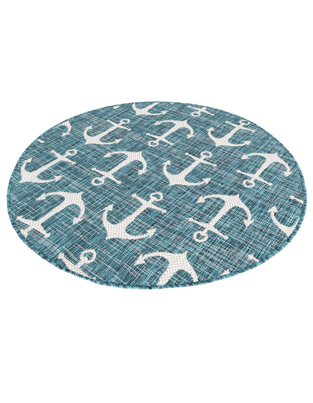 Teal 4' 1 x 4' 1 Outdoor Coastal Round Area Rug Weather Resistant for Patio, Deck, Terrace, Balcony, Porch 100% Polypropylene Coastal Decor Carpet for Sale at Rug Engine