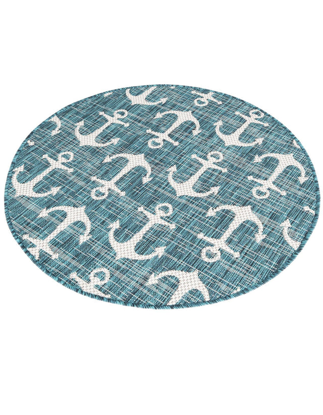 Teal 3' 1 x 3' 1 Outdoor Coastal Round Area Rug Weather Resistant for Patio, Deck, Terrace, Balcony, Porch 100% Polypropylene Coastal Decor Carpet for Sale at Rug Engine