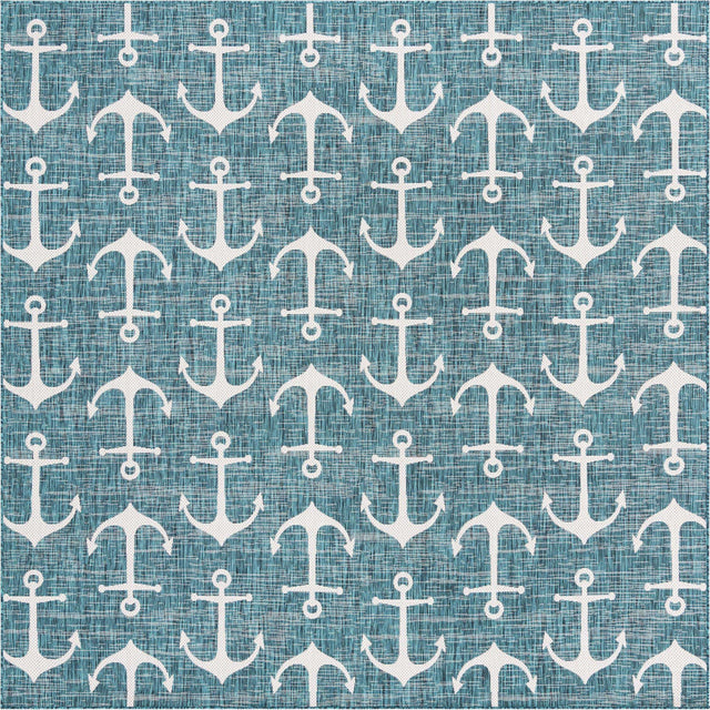 Teal 10' x 10' Outdoor Coastal Square Area Rug Weather Resistant for Patio, Deck, Terrace, Balcony, Porch 100% Polypropylene Coastal Decor Carpet for Sale at Rug Engine