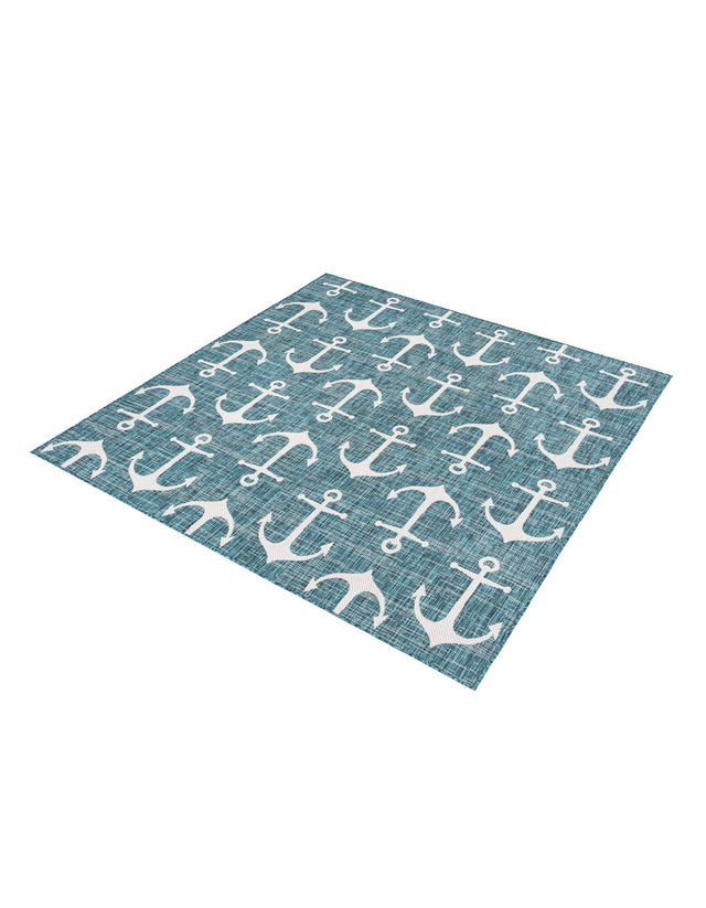 Teal 7' 10 x 7' 10 Outdoor Coastal Square Area Rug Weather Resistant for Patio, Deck, Terrace, Balcony, Porch 100% Polypropylene Coastal Decor Carpet for Sale at Rug Engine