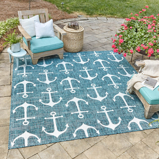 Teal 7' 10 x 7' 10 Outdoor Coastal Square Area Rug Weather Resistant for Patio, Deck, Terrace, Balcony, Porch 100% Polypropylene Coastal Decor Carpet for Sale at Rug Engine