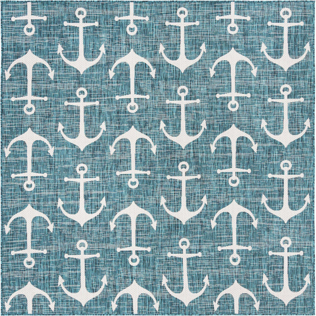 Teal 7' 10 x 7' 10 Outdoor Coastal Square Area Rug Weather Resistant for Patio, Deck, Terrace, Balcony, Porch 100% Polypropylene Coastal Decor Carpet for Sale at Rug Engine