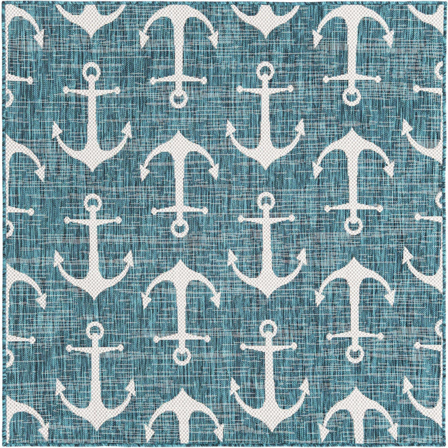 Teal 5' 3 x 5' 3 Outdoor Coastal Square Area Rug Weather Resistant for Patio, Deck, Terrace, Balcony, Porch 100% Polypropylene Coastal Decor Carpet for Sale at Rug Engine