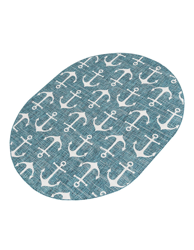 Teal 7' 10 x 10' Outdoor Coastal Oval Area Rug Weather Resistant for Patio, Deck, Terrace, Balcony, Porch 100% Polypropylene Coastal Decor Carpet for Sale at Rug Engine