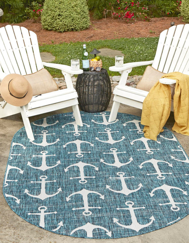 Teal 5' 3 x 8' Outdoor Coastal Oval Area Rug Weather Resistant for Patio, Deck, Terrace, Balcony, Porch 100% Polypropylene Coastal Decor Carpet for Sale at Rug Engine
