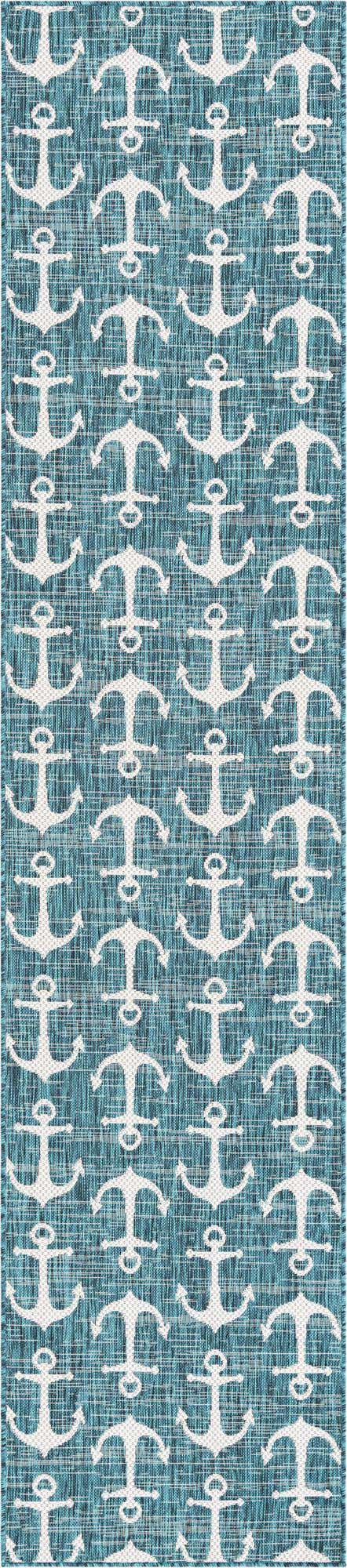 Teal 2' 7 x 12' Outdoor Coastal Runner Area Rug Weather Resistant for Patio, Deck, Terrace, Balcony, Porch 100% Polypropylene Coastal Decor Carpet for Sale at Rug Engine