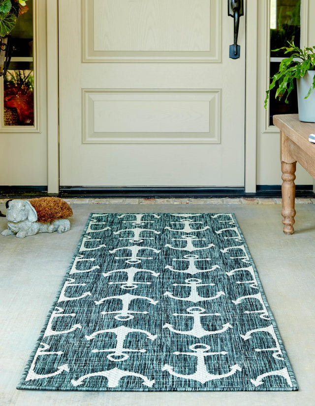 Teal 2' x 6' 1 Outdoor Coastal Runner Area Rug Weather Resistant for Patio, Deck, Terrace, Balcony, Porch 100% Polypropylene Coastal Decor Carpet for Sale at Rug Engine