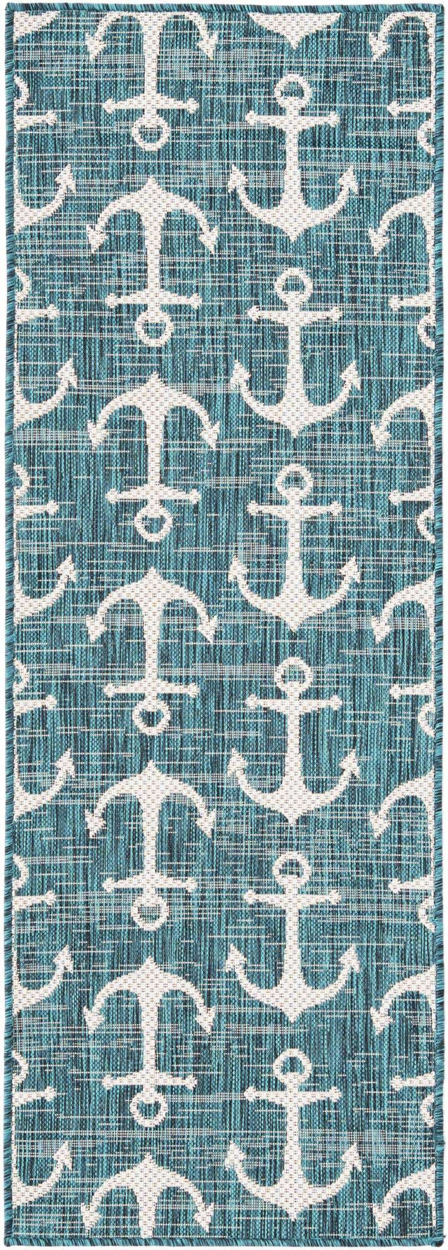 Teal 2' x 6' 1 Outdoor Coastal Runner Area Rug Weather Resistant for Patio, Deck, Terrace, Balcony, Porch 100% Polypropylene Coastal Decor Carpet for Sale at Rug Engine