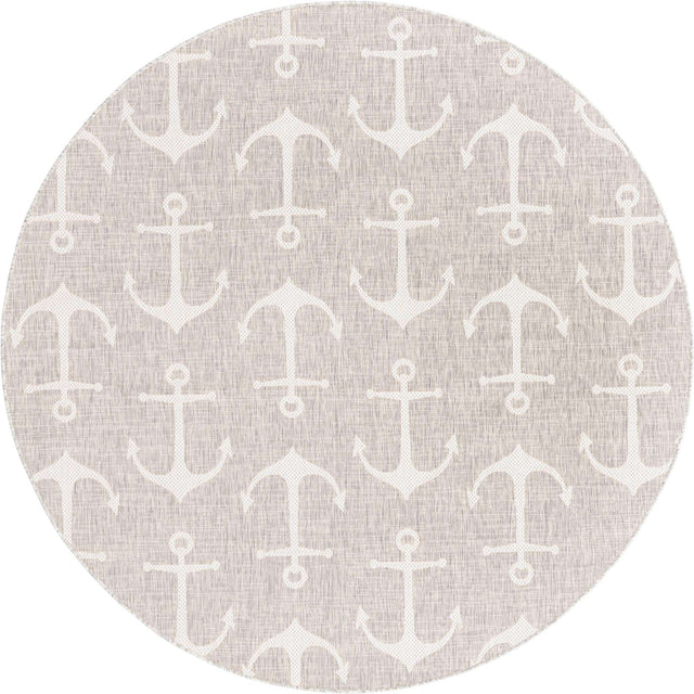 Gray 7' 10 x 7' 10 Outdoor Coastal Round Area Rug Weather Resistant for Patio, Deck, Terrace, Balcony, Porch 100% Polypropylene Coastal Decor Carpet for Sale at Rug Engine