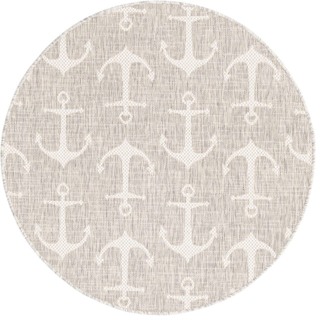 Gray 4' 1 x 4' 1 Outdoor Coastal Round Area Rug Weather Resistant for Patio, Deck, Terrace, Balcony, Porch 100% Polypropylene Coastal Decor Carpet for Sale at Rug Engine