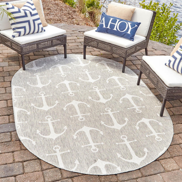Gray 5' 3 x 8' Outdoor Coastal Oval Area Rug Weather Resistant for Patio, Deck, Terrace, Balcony, Porch 100% Polypropylene Coastal Decor Carpet for Sale at Rug Engine