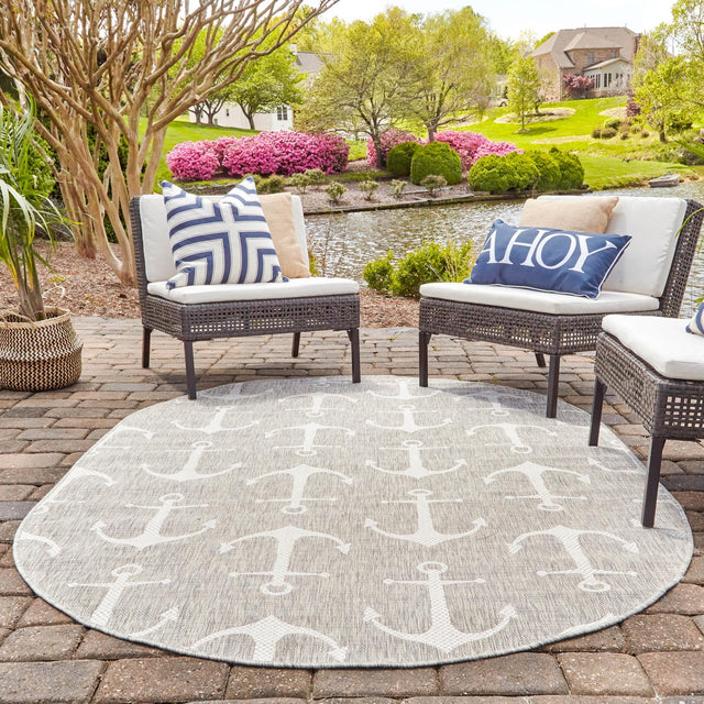 Gray 5' 3 x 8' Outdoor Coastal Oval Area Rug Weather Resistant for Patio, Deck, Terrace, Balcony, Porch 100% Polypropylene Coastal Decor Carpet for Sale at Rug Engine