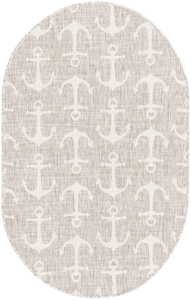 Gray 3' 1 x 5' 3 Outdoor Coastal Oval Area Rug Weather Resistant for Patio, Deck, Terrace, Balcony, Porch 100% Polypropylene Coastal Decor Carpet for Sale at Rug Engine