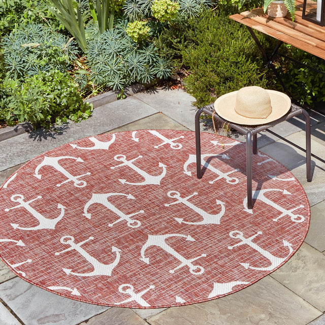 Rust Red 10' x 10' Outdoor Coastal Round Area Rug Weather Resistant for Patio, Deck, Terrace, Balcony, Porch 100% Polypropylene Coastal Decor Carpet for Sale at Rug Engine