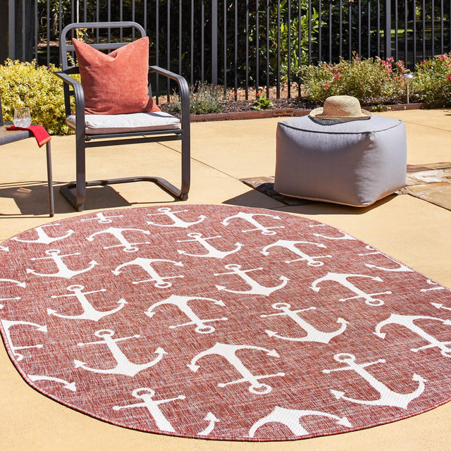 Rust Red 5' 3 x 8' Outdoor Coastal Oval Area Rug Weather Resistant for Patio, Deck, Terrace, Balcony, Porch 100% Polypropylene Coastal Decor Carpet for Sale at Rug Engine
