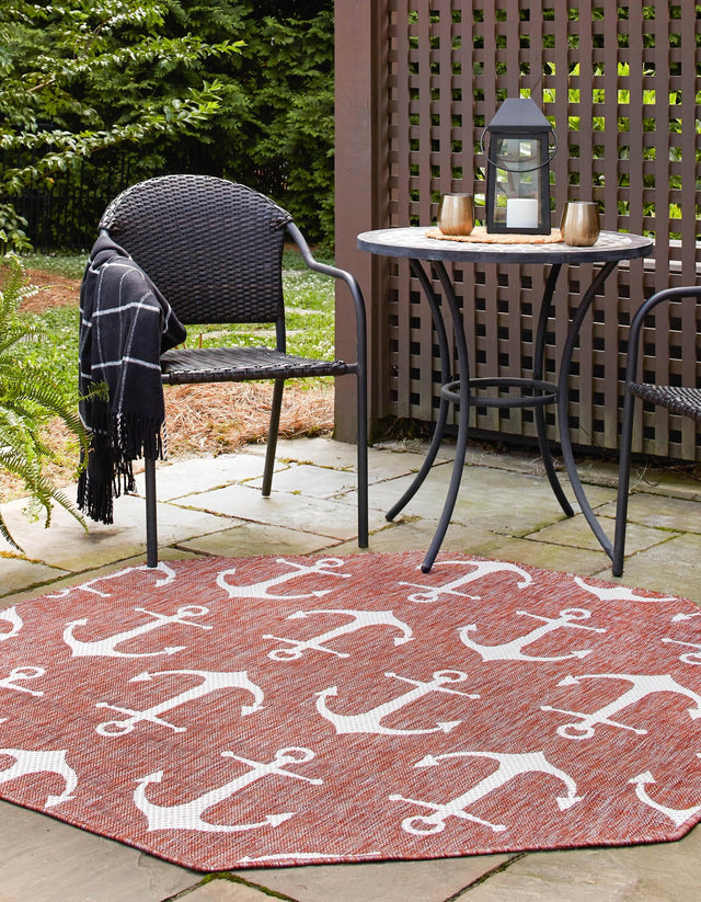 Rust Red 5' 3 x 5' 3 Outdoor Coastal Octagon Area Rug Weather Resistant for Patio, Deck, Terrace, Balcony, Porch 100% Polypropylene Coastal Decor Carpet for Sale at Rug Engine