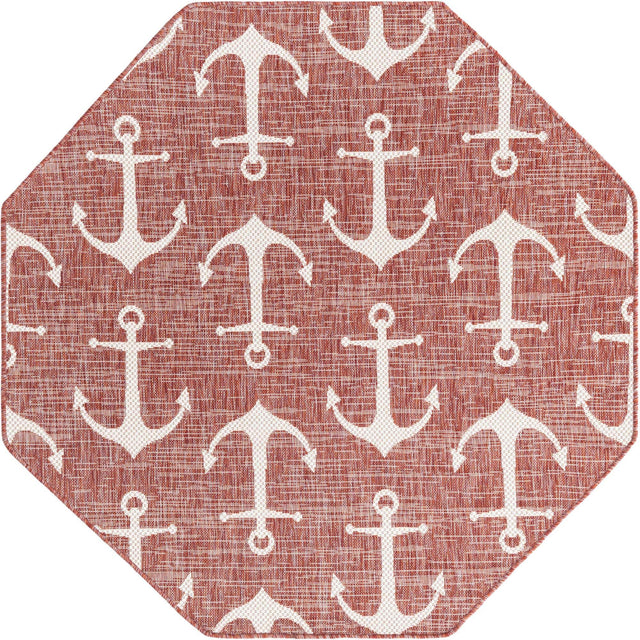 Rust Red 5' 3 x 5' 3 Outdoor Coastal Octagon Area Rug Weather Resistant for Patio, Deck, Terrace, Balcony, Porch 100% Polypropylene Coastal Decor Carpet for Sale at Rug Engine