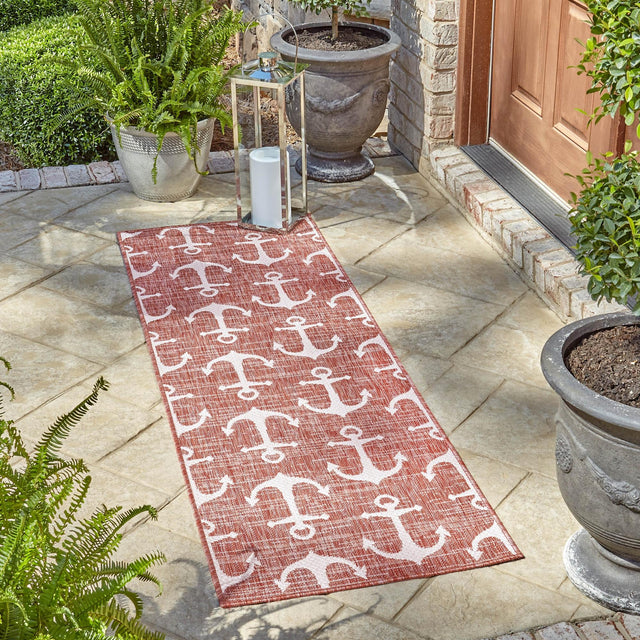 Rust Red 2' x 6' 1 Outdoor Coastal Runner Area Rug Weather Resistant for Patio, Deck, Terrace, Balcony, Porch 100% Polypropylene Coastal Decor Carpet for Sale at Rug Engine