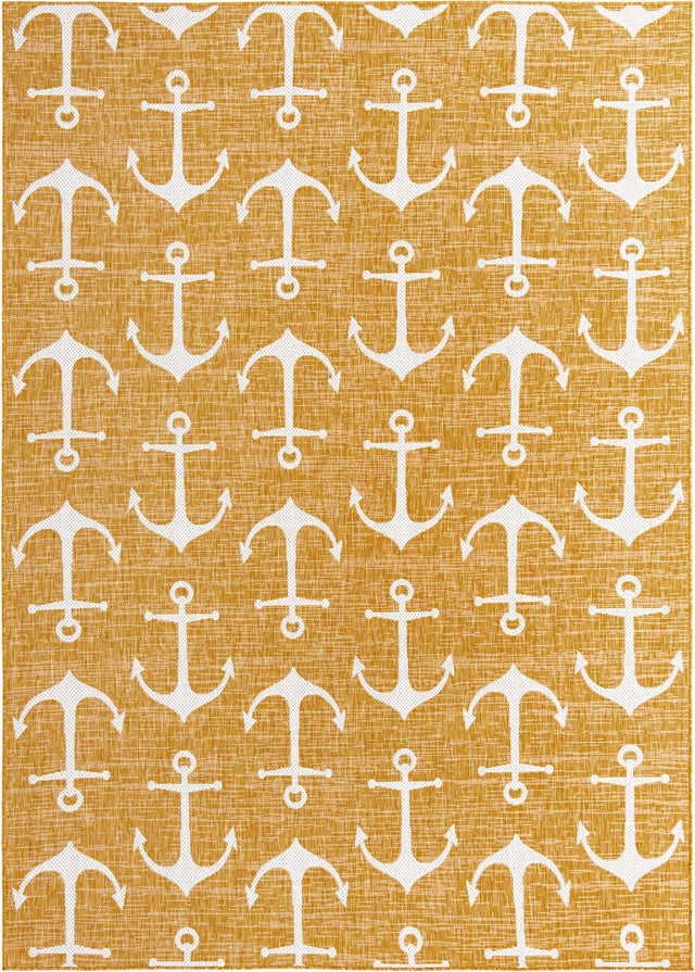 Yellow 7' 10 x 11' Outdoor Coastal Rectangle Area Rug Weather Resistant for Patio, Deck, Terrace, Balcony, Porch 100% Polypropylene Coastal Decor Carpet for Sale at Rug Engine