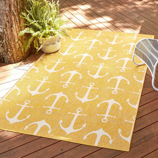 Yellow 2' x 3' 1 Outdoor Coastal Rectangle Area Rug Weather Resistant for Patio, Deck, Terrace, Balcony, Porch 100% Polypropylene Coastal Decor Carpet for Sale at Rug Engine