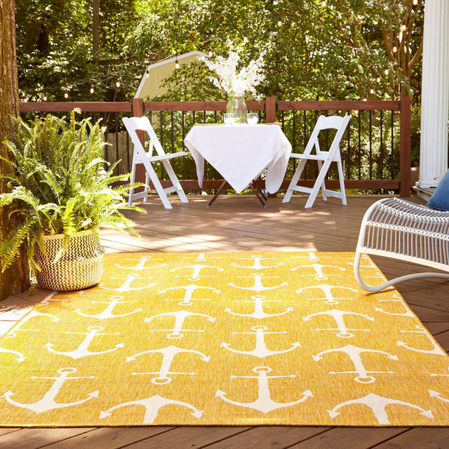 Yellow 10' x 14' 1 Outdoor Coastal Rectangle Area Rug Weather Resistant for Patio, Deck, Terrace, Balcony, Porch 100% Polypropylene Coastal Decor Carpet for Sale at Rug Engine